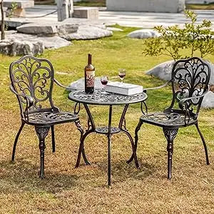 3-Piece Cast Aluminum Outdoor Bistro Table Set with Umbrella Hole