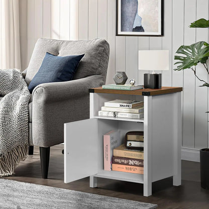 Farmhouse End Table, Set of 2, Rustic Night Stand with Barn Door and Storage Shelf, White End Table Side Table