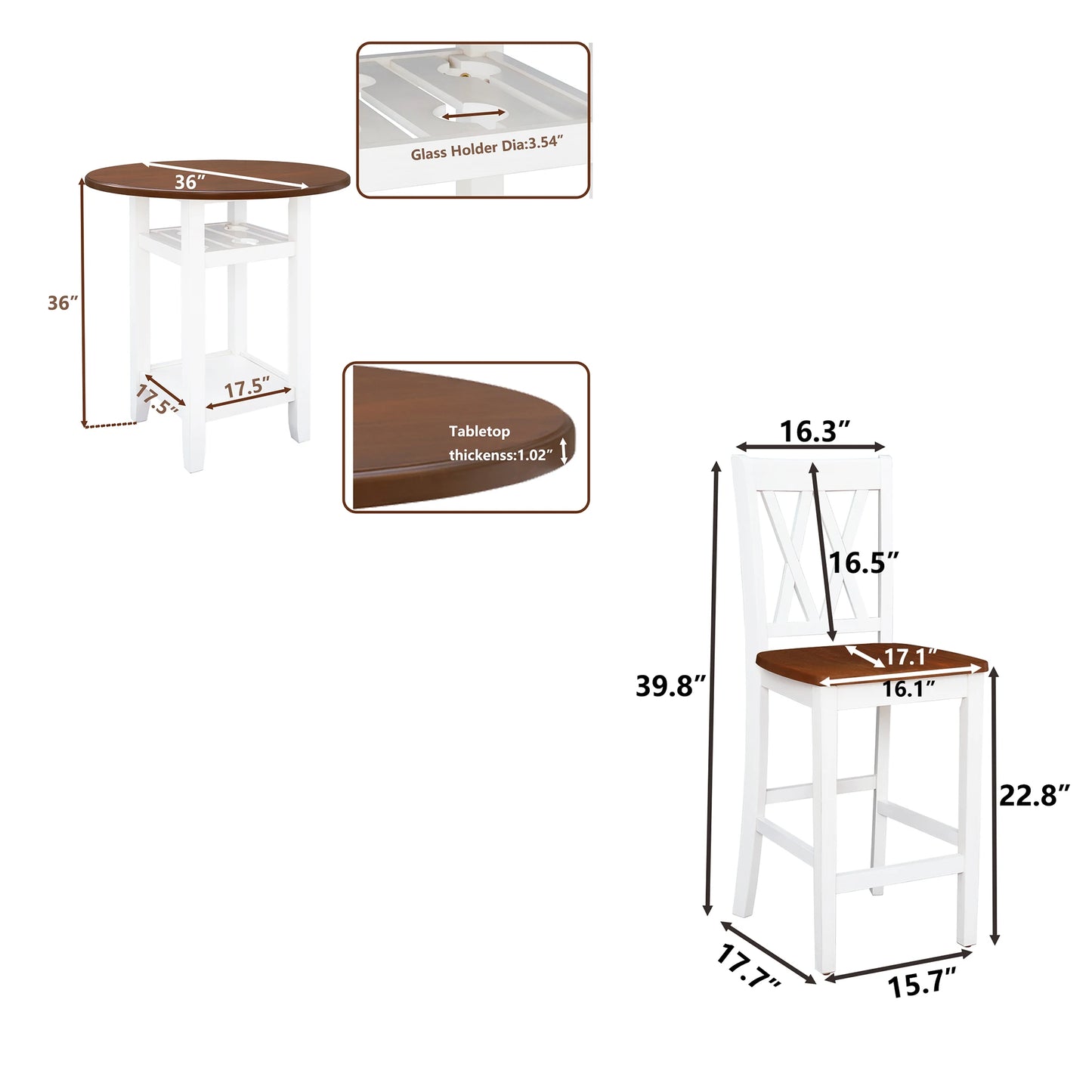 Farmhouse 5-Piece Round Counter Height Dining Set with Glass Holder & Storage Shelf, White and Cherry