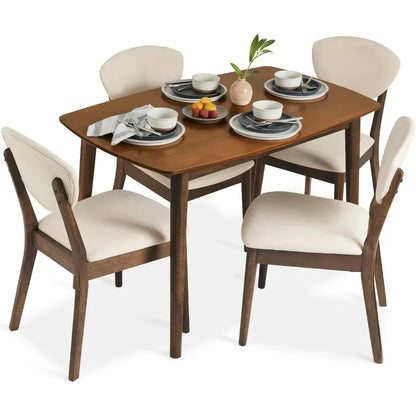 Mid-Century Modern Dining Set with Stainless Steel Frame and Padded Linen Chairs - 5 Piece Rectangular Dining Table Set