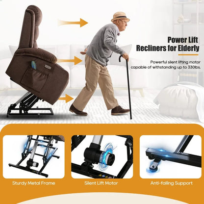 Electric Power Lift Recliner Chair with Full-Body Vibration and Heating for Elderly, USB Charging, Massage Functions, and Cup Holders