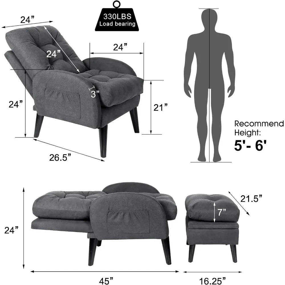 Grey Wingback Accent Chair with Ottoman, 5-Position Adjustable Backrest, Storage Ottoman, Solid Wood Frame, Modern Lounge Chair for Living Room, Office, or Bedroom