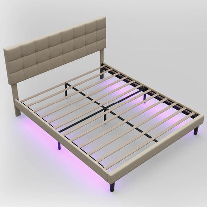 Queen Size Upholstered Platform Bed Frame with RGB Lights - Adjustable Headboard & Strong Slats System