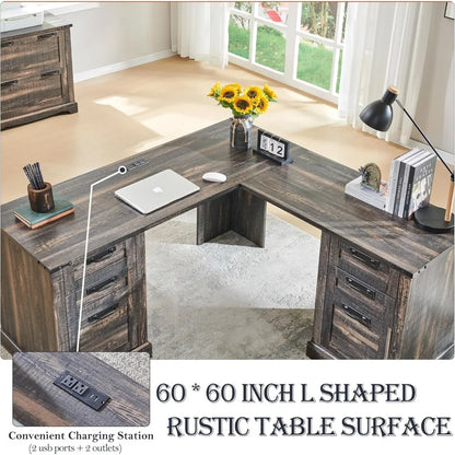 Farmhouse L-Shaped Executive Desk - 60” x 60” Engineered Wood Office Desk with Storage Drawers and File Cabinet