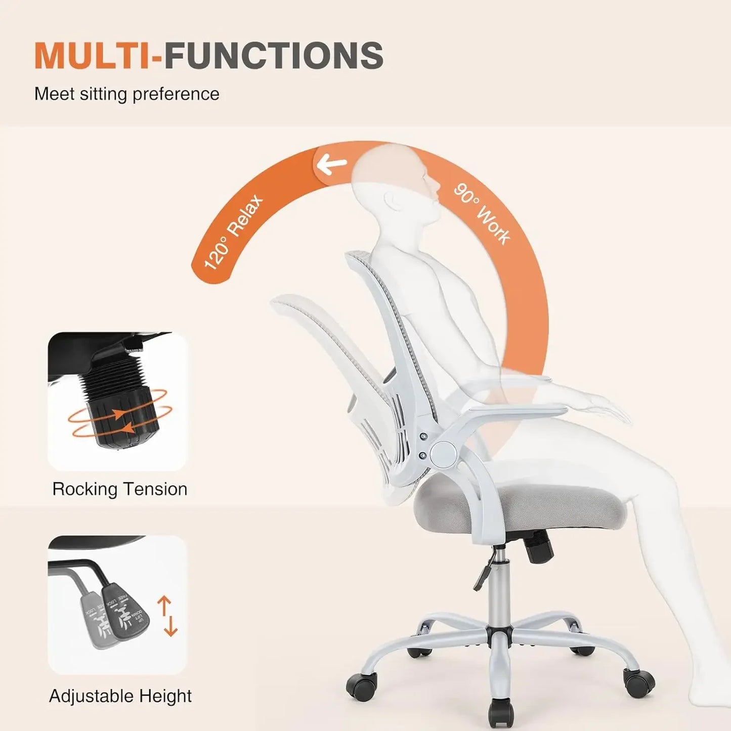 Ergonomic Grey Office Chair - Lumbar Support with Flip-Up Armrests