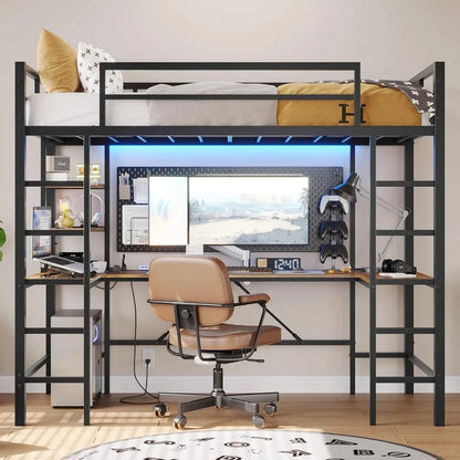 Twin Loft Bed with Desk and Outlets - Space-Saving Design with LED Lights