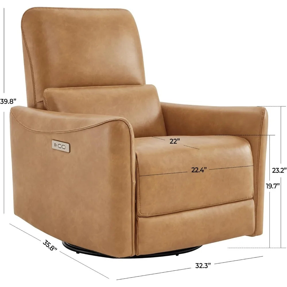 Faux Leather Power Glider Swivel Rocker Recliner Chair with USB Ports and Extended Footrest – Cognac Brown