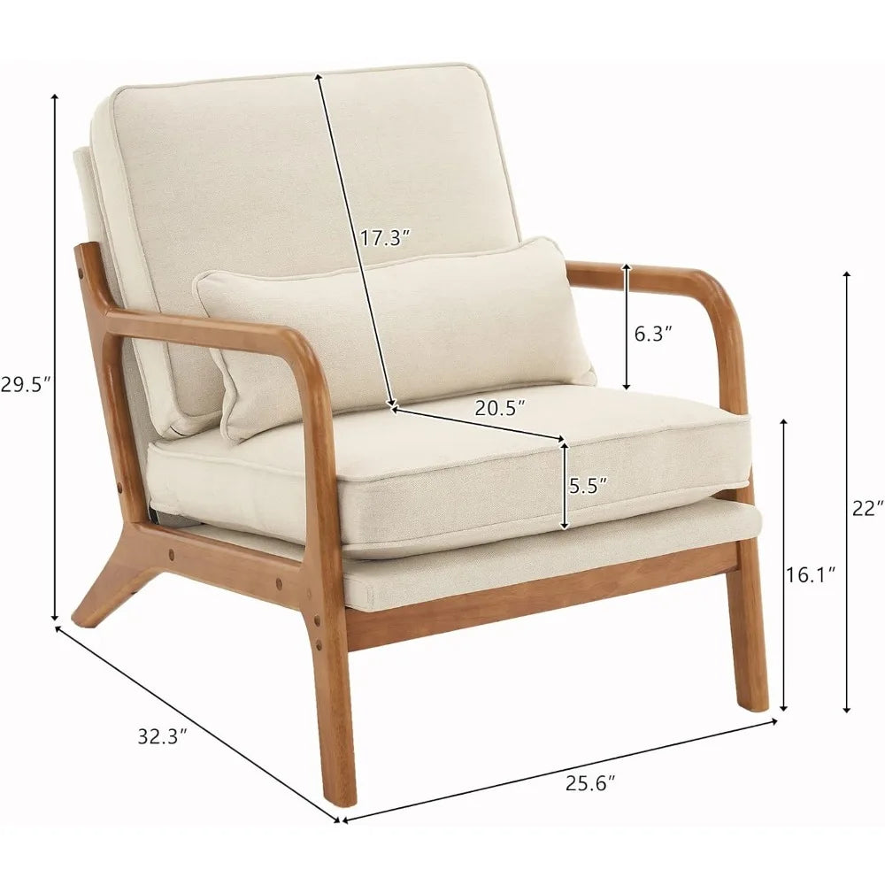 Mid-Century Modern Accent Chair – Leisure Chair with Curved Arms, Flared Legs, and Solid Wood Frame, Beige Fabric Upholstery, 32.3" x 25.6" x 29.5", Ideal for Living Room, Bedroom, or Porch