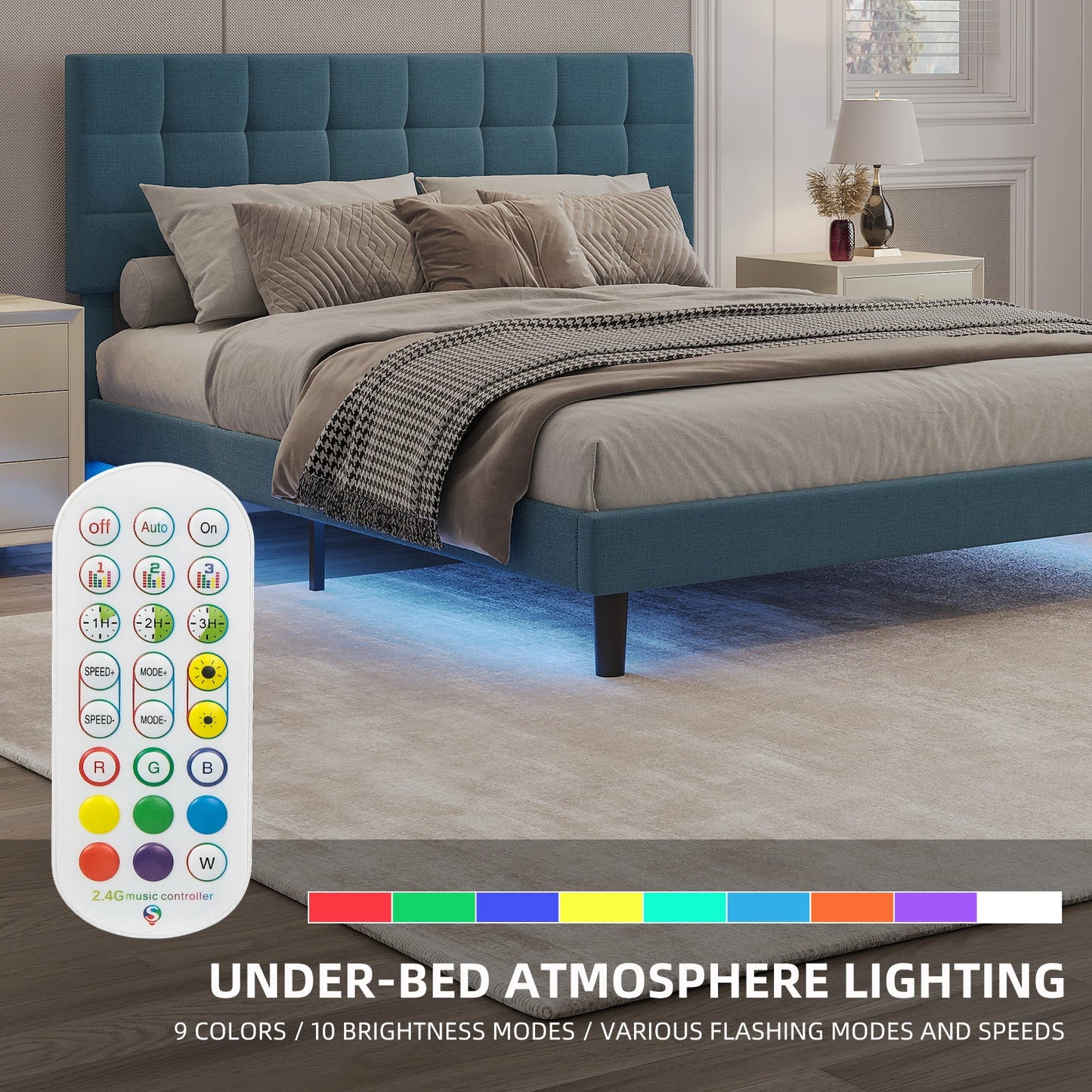 Queen Size Upholstered Platform Bed Frame with RGB Lights - Adjustable Headboard & Strong Slats System