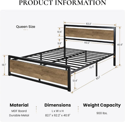 Modern Queen Bed Frame - Sturdy Metal and Wood Construction, No Box Spring Needed