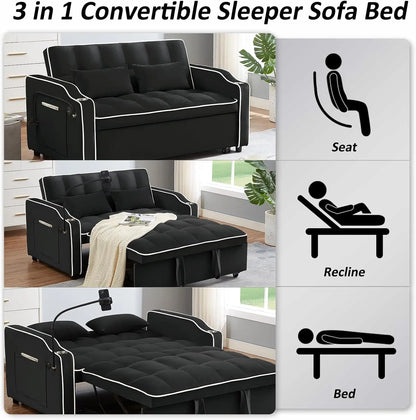 3-in-1 Velvet Sleeper Sofa – Convertible Loveseat with Pull-Out Bed, USB Port, and Ashtray