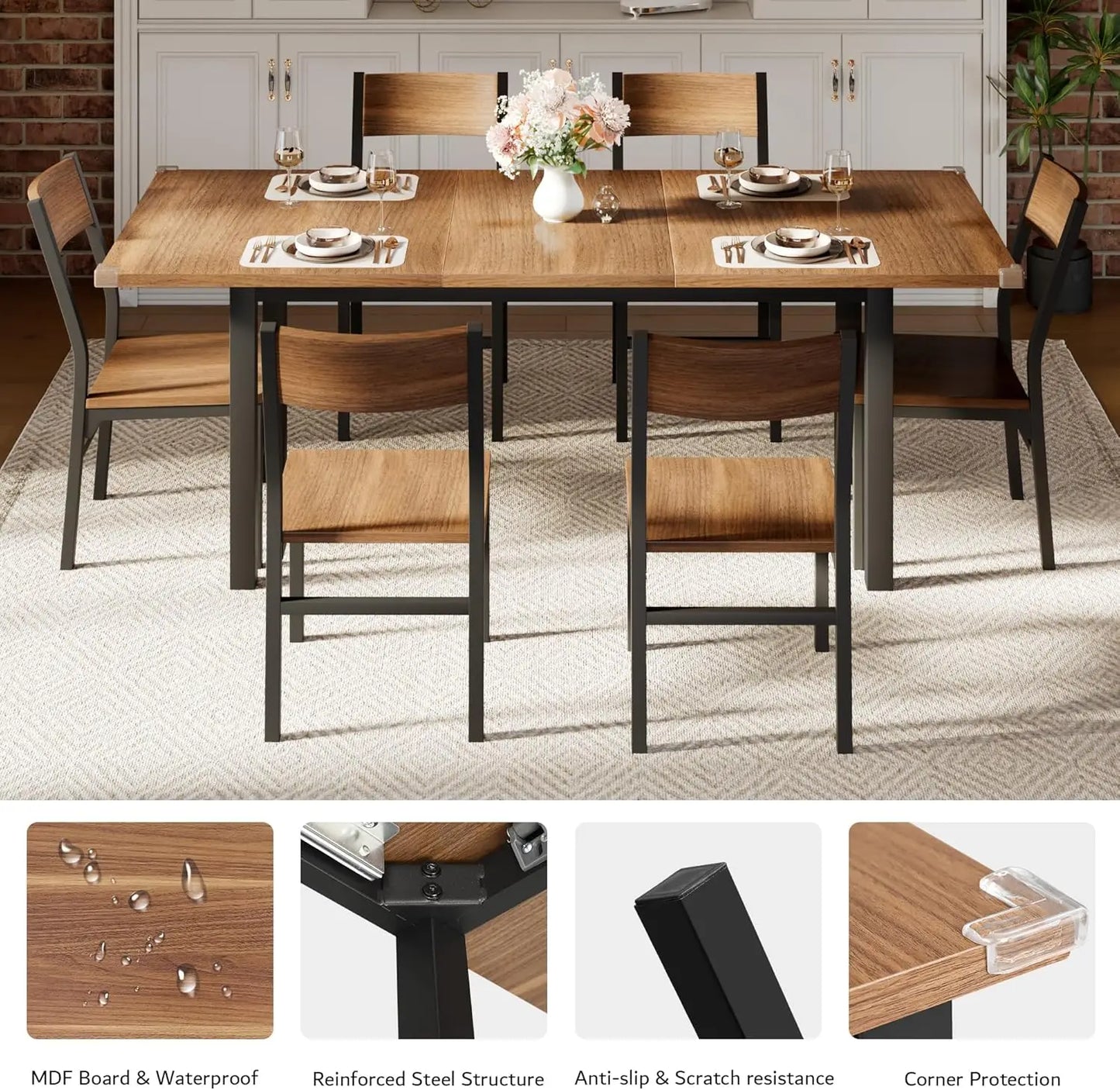 Modern Extendable Dining Table and 6 Chair Set for Dining Room, Living Room, and Kitchen