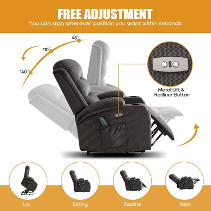 Electric Power Lift Recliner Chair with Full-Body Vibration and Heating for Elderly, USB Charging, Massage Functions, and Cup Holders