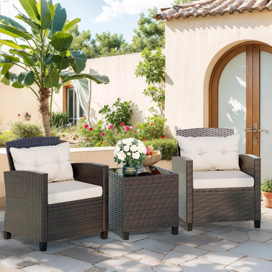 3-Piece Outdoor Rattan Patio Set – Minimalist Modern Garden Chairs with Tempered Glass Table