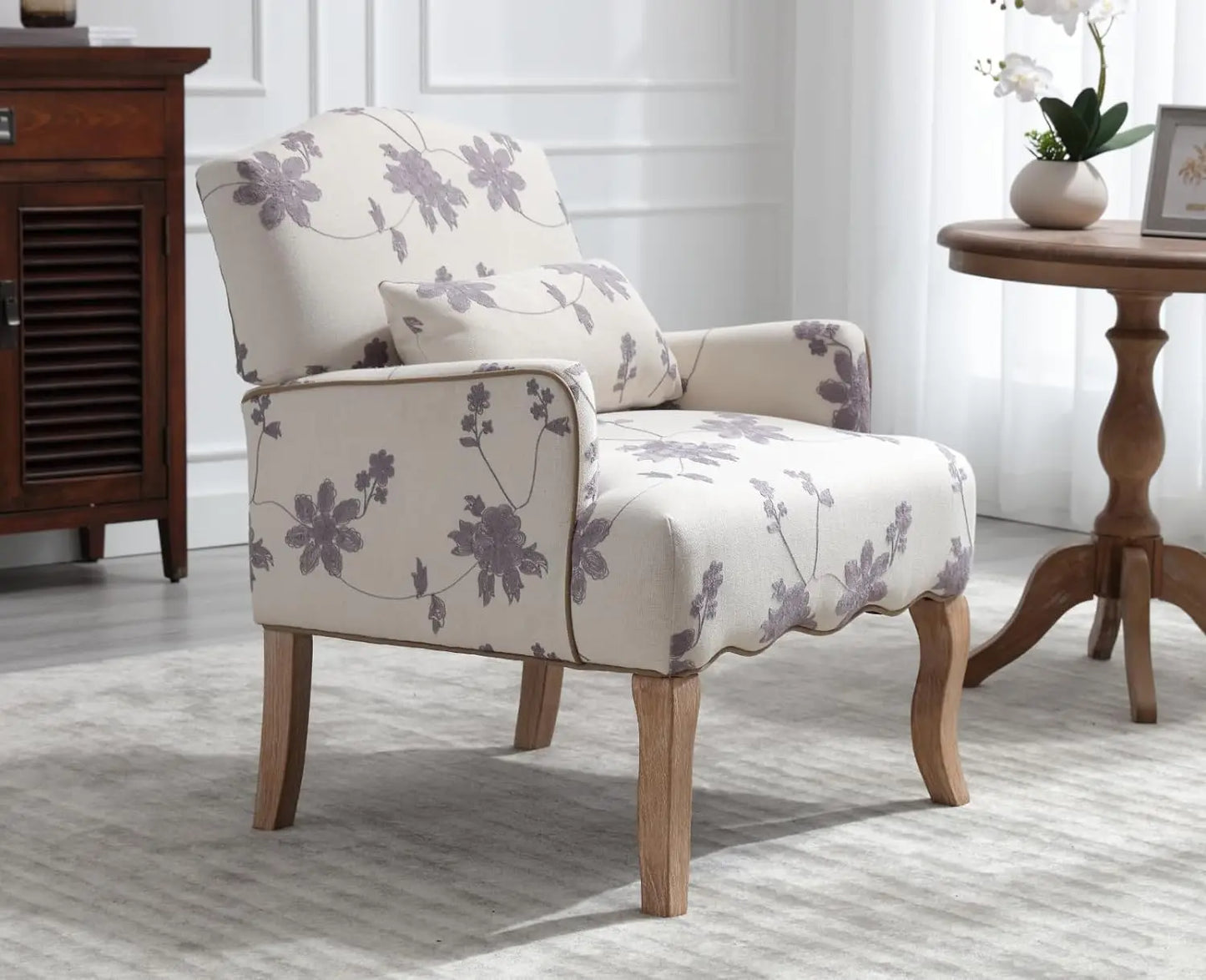 Elegant Modern Armchair with Embroidered Design and Lumbar Support Pillow, 300 lbs Capacity