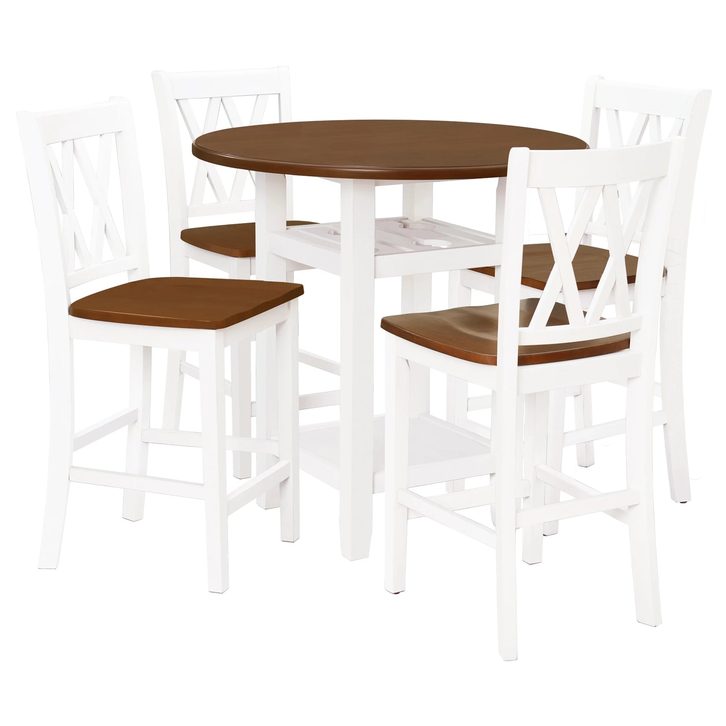 Farmhouse 5-Piece Round Counter Height Dining Set with Glass Holder & Storage Shelf, White and Cherry