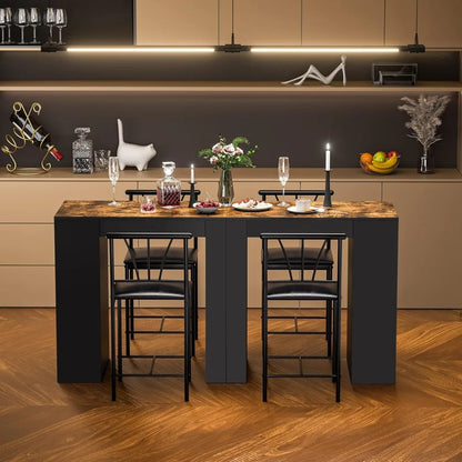 Retro Wooden 3-Piece Dining Table Set with Storage and Padded Bar Stools