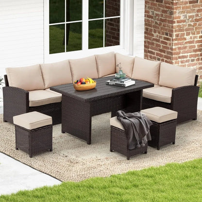 7-Piece Rattan Patio Furniture Set – Outdoor Sectional with Dining Table, Cushions, and Non-Slip Foot Pads