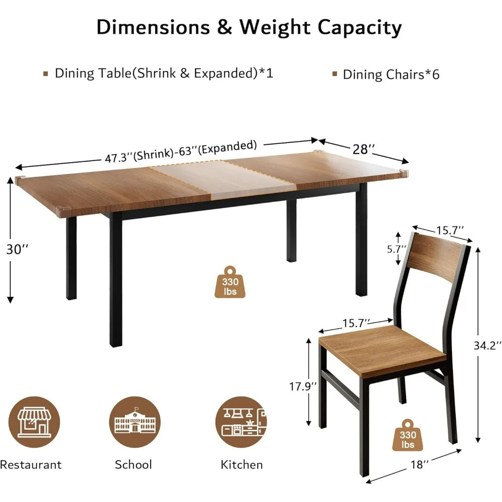 Extendable Modern Walnut Dining Table and Chair Set – 7-Piece Set for 4-8 Persons