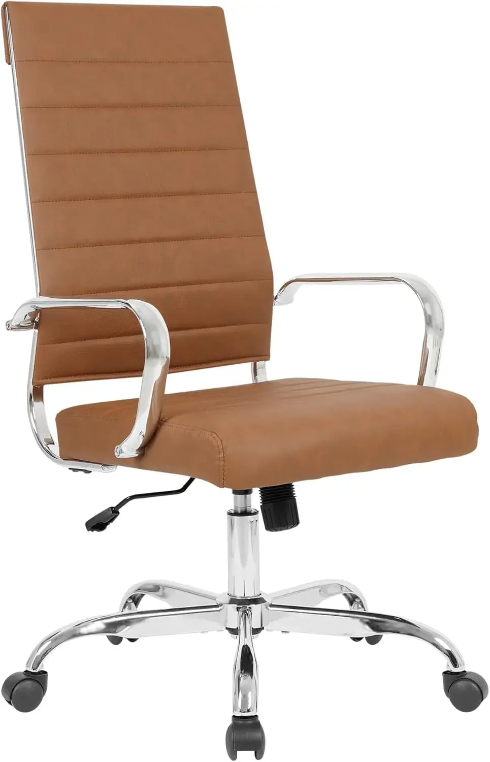 High Back Executive Office Chair with Adjustable Height, Ribbed Faux Leather, and Soft Padded Armrests – Chrome Brown