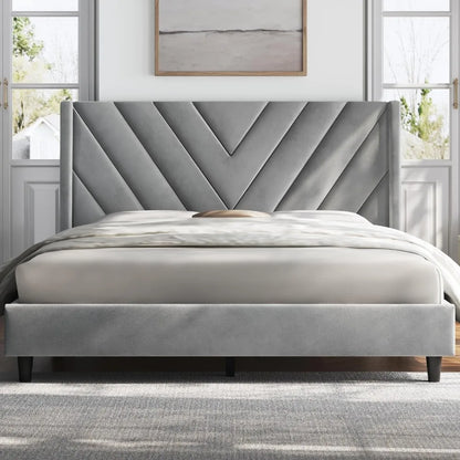 Velvet Upholstered Platform Bed with Wing Side Design – Sturdy, Squeak Resistant Frame, Foam-Padded Headboard, No Box Spring Needed