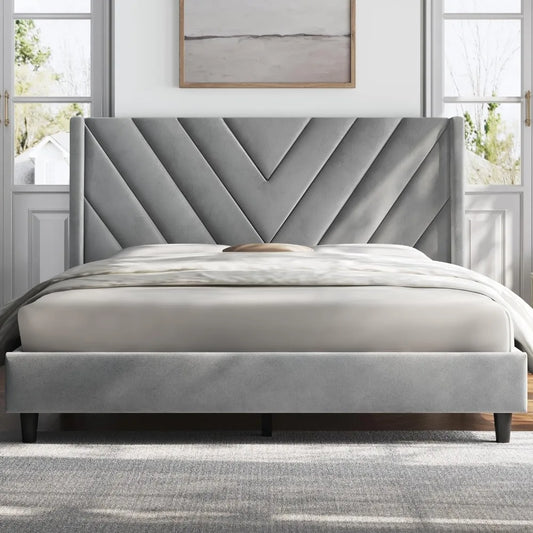 Velvet Upholstered Platform Bed with Wing Side Design – Sturdy, Squeak Resistant Frame, Foam-Padded Headboard, No Box Spring Needed