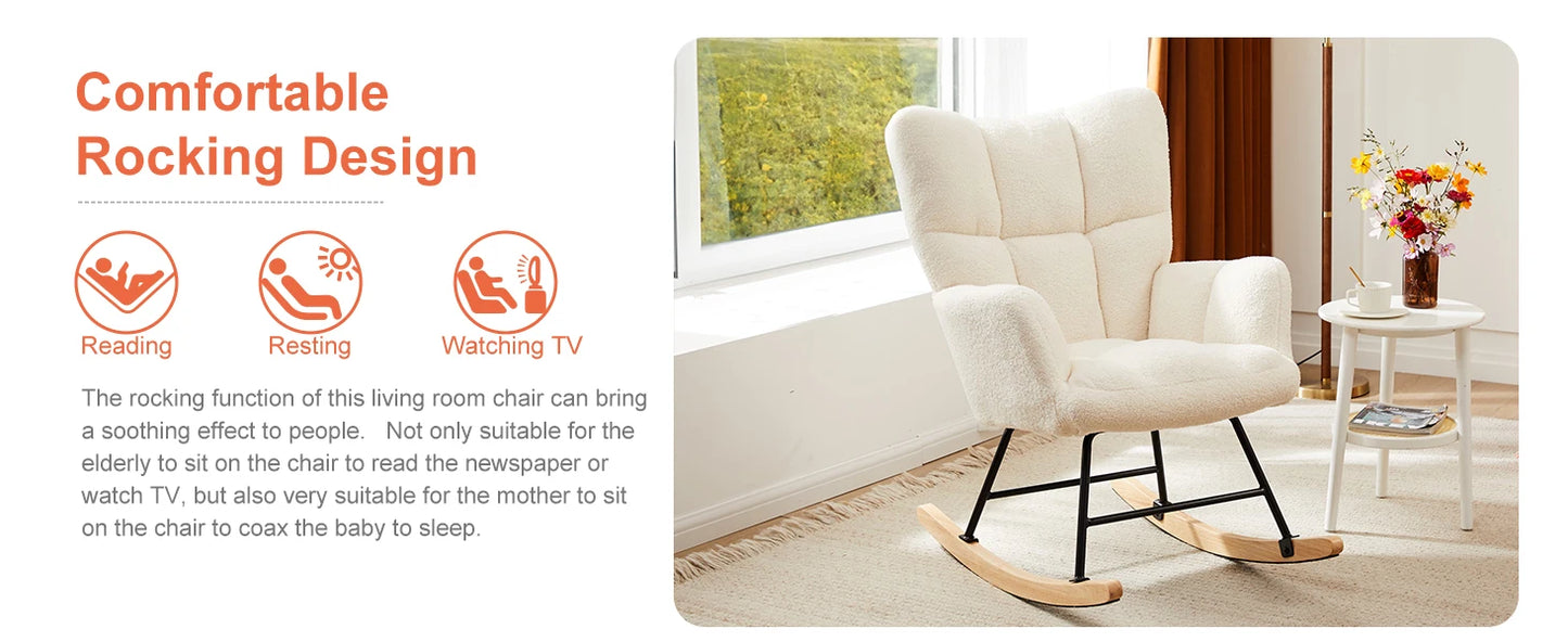 Ergonomic High-Back Papasan Rocking Chair with Wooden Legs and Soft Fabric Cushion