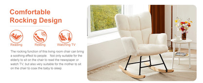 Ergonomic High-Back Papasan Rocking Chair with Wooden Legs and Soft Fabric Cushion