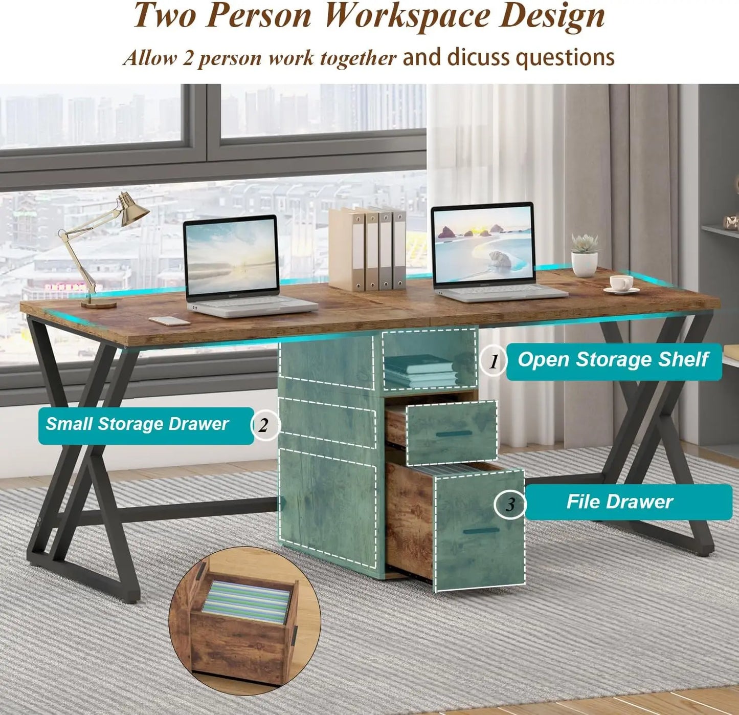 LVB Double Desk - Industrial Style Writing and Computer Desk with Storage