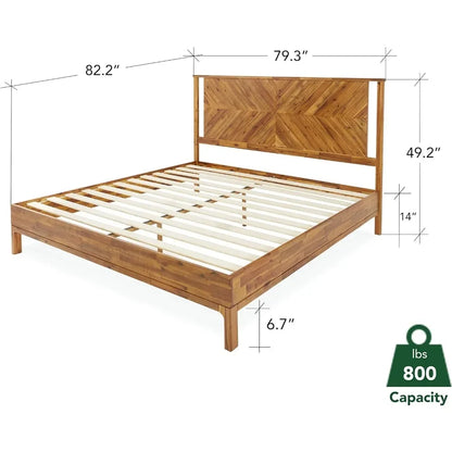 Rustic Wood Queen Bed Frame with Herringbone Headboard – Sturdy Acacia Wood, No Box Spring Needed, Available in Multiple Sizes and Colors