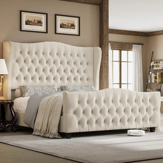 Velvet Upholstered Bed Frame with Wingback Headboard - Available in Full, Queen, and King Sizes