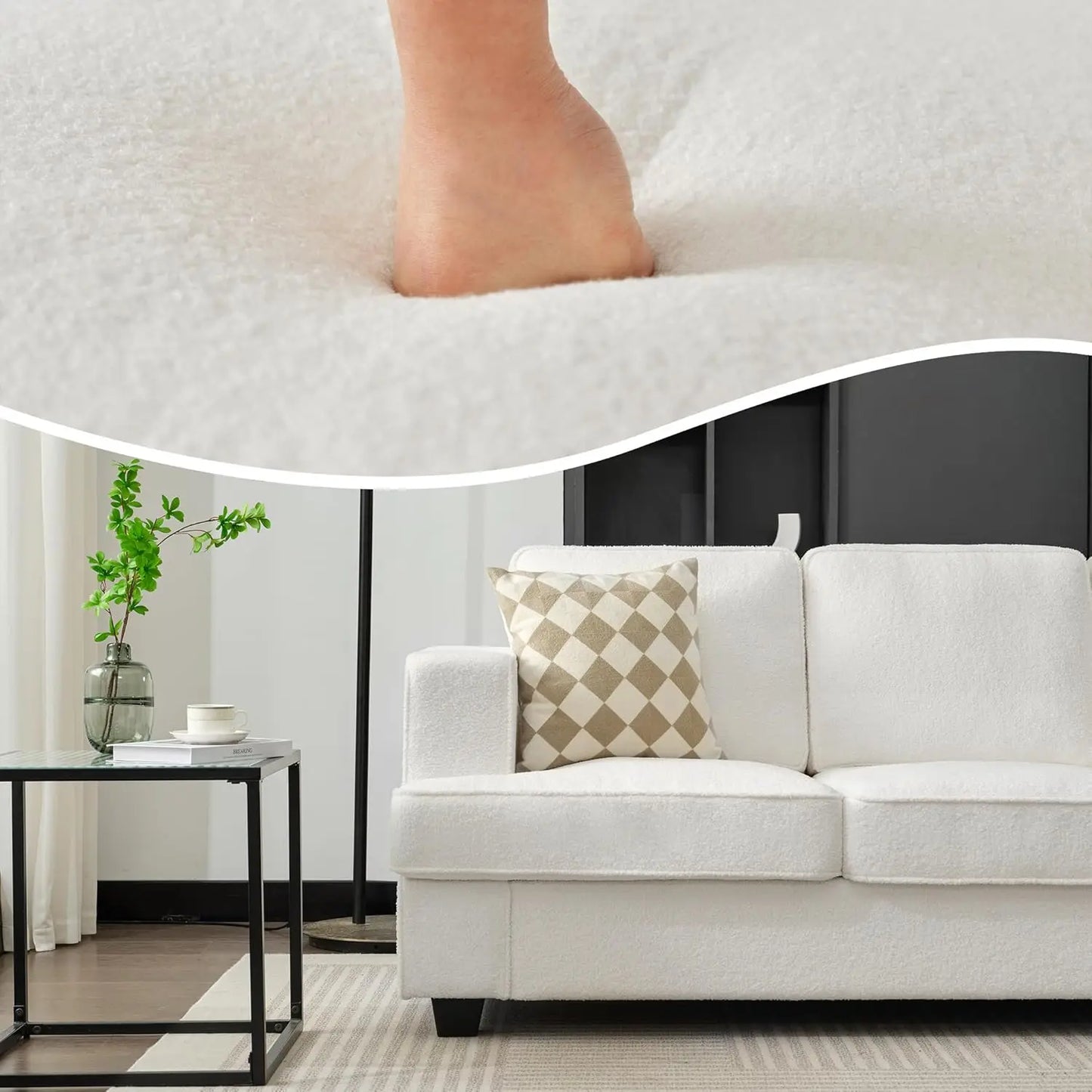 Modern Minimalist Extra Deep Seat Sofa with Teddy Velvet Upholstery – Ergonomic Design, Easy Assembly, 84" W Living Room Couch