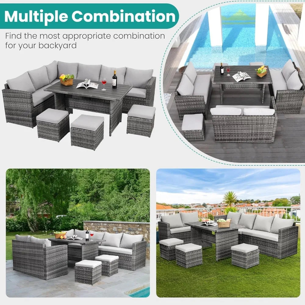 7-Piece Outdoor Patio Dining Set – PE Rattan and Wooden Table with Cushioned Loveseats and Ottomans, Seats 9