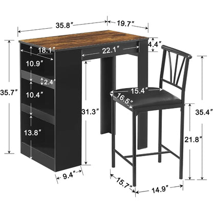 Retro Wooden 3-Piece Dining Table Set with Storage and Padded Bar Stools