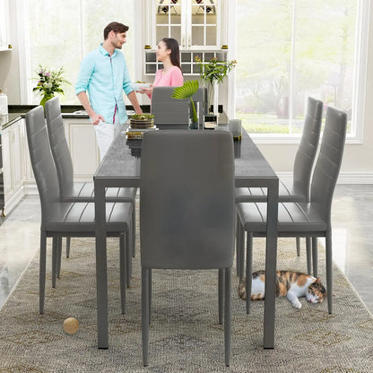 7-Piece Modern Dining Table Set – Rectangular Faux Marble Table with 4 PU Leather Chairs, Space-Saving Design