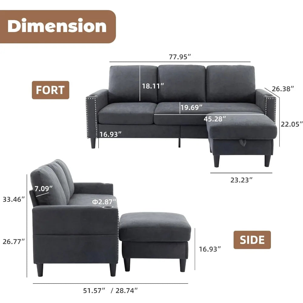 Convertible L-Shaped Sectional Sofa with Storage – Modern Velvet Living Room Couch with Cup Holders