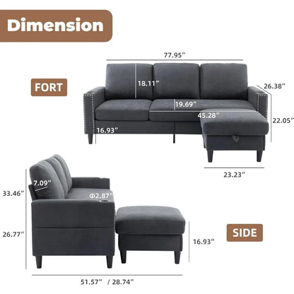 Convertible L-Shaped Sectional Sofa with Storage – Modern Velvet Living Room Couch with Cup Holders
