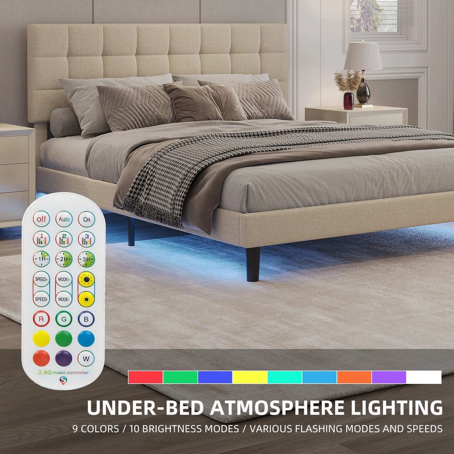 Queen Size Upholstered Platform Bed Frame with RGB Lights - Adjustable Headboard & Strong Slats System