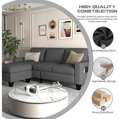 Modern Hemp Fabric Sofa – L-Shaped Sectional Sofa with Wide Seating and Low Seat Height, 78 Inches Wide