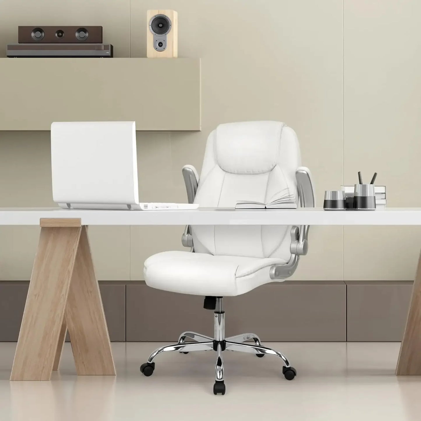 Ergonomic High-Back PU Leather Executive Office Chair with Flip-Up Armrests and Lumbar Support – White