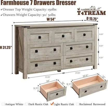 Farmhouse 7 Drawers Tv Stand, Wood Rustic , Storage Dressers Organizer for Bedroom, Living Room,Hallway