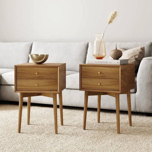 Set of 2 Modern Pine Wood Nightstands with Two Drawers and Brass Accents