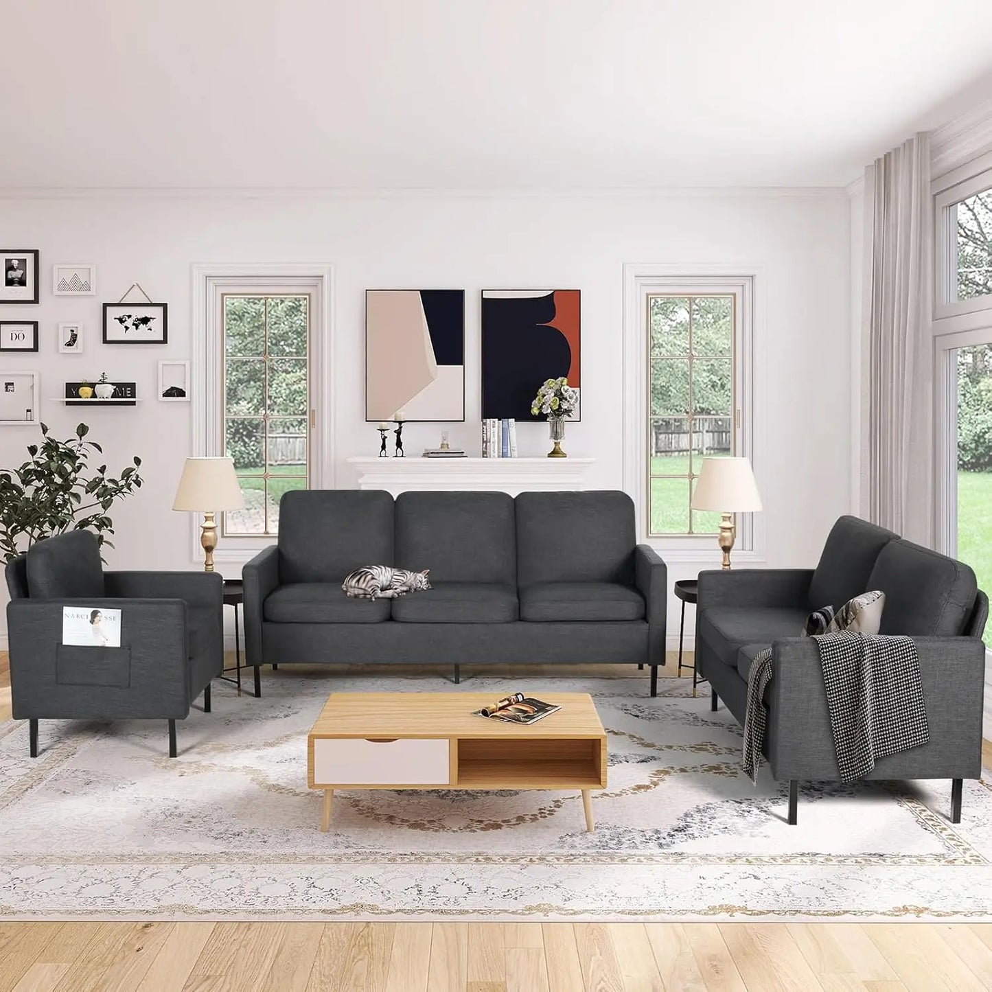 3 Piece Living Room Furniture Sets, 3 Seat Couch and Loveseat with 2 USB, Single Sofa Accent Chair, Modern Small Couches