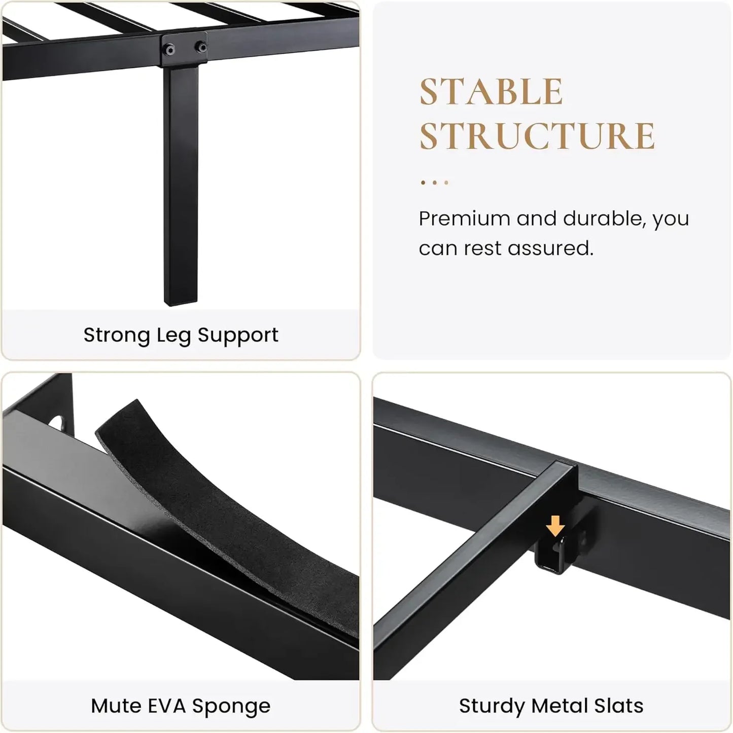Modern Queen Bed Frame - Sturdy Metal and Wood Construction, No Box Spring Needed