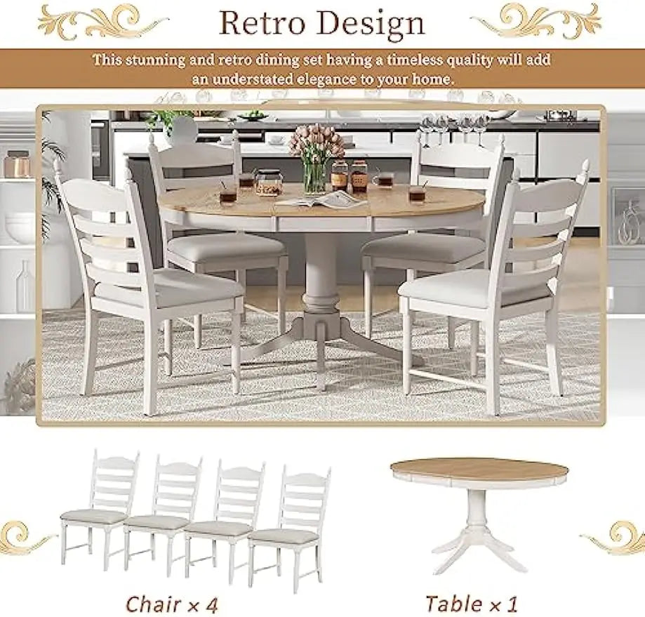 5-Piece Extendable Dining Set – Retro Solid Wood Table with 4 Ladder-Back Chairs, Woven Fabric Cushions, Off White