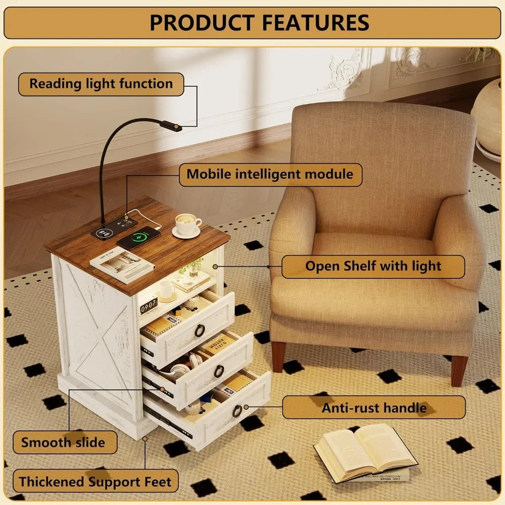 Modern Minimalist Nightstands with Charging Station and Flexible Reading Lamp