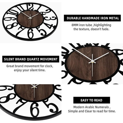 Round Black Metal Wood Wall Clock – 24-Inch Silent Decorative Clock