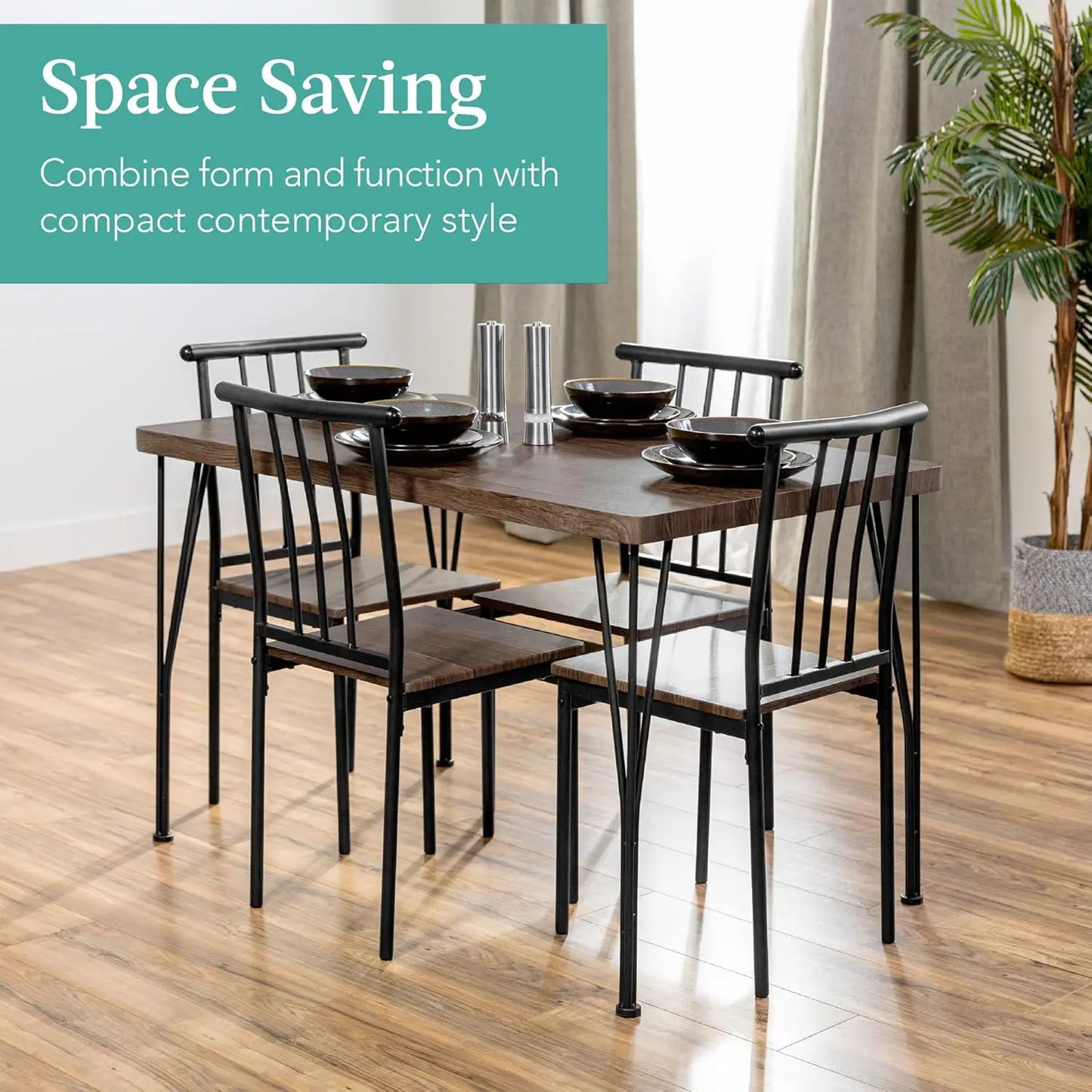 5-Piece Modern Dining Set – Rectangular Wood Table with Metal Frame and 4 Chairs, Space-Saving Design