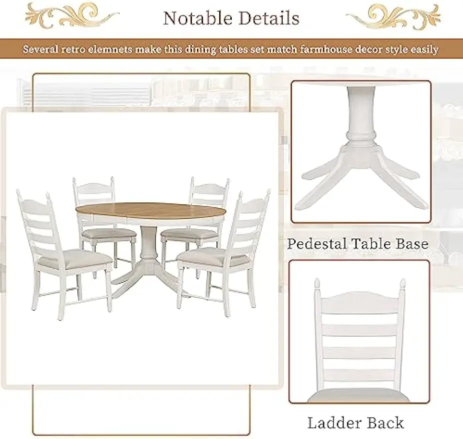 5-Piece Extendable Dining Set – Retro Solid Wood Table with 4 Ladder-Back Chairs, Woven Fabric Cushions, Off White