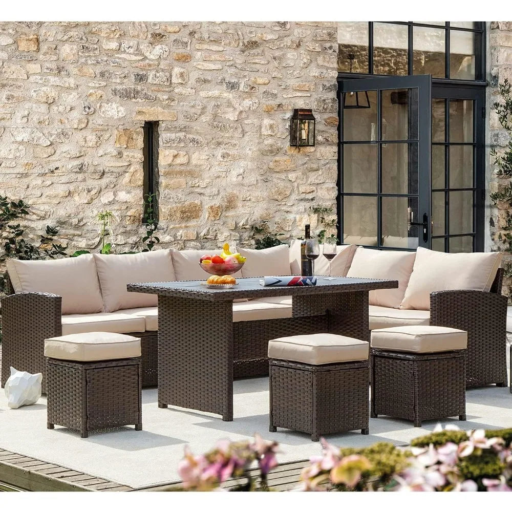 7-Piece Rattan Patio Furniture Set – Outdoor Sectional with Dining Table, Cushions, and Non-Slip Foot Pads